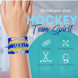 Sportybella Hockey Charm Bracelet – Blue and Yellow Infinity Love Wrap Wristband with Hockey Stick Charm – Gift for Hockey Players, Teams, and Fans