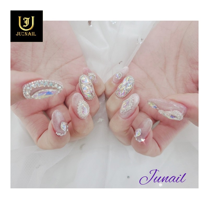 Lace pink handmade nail tips - Short straight nose pin