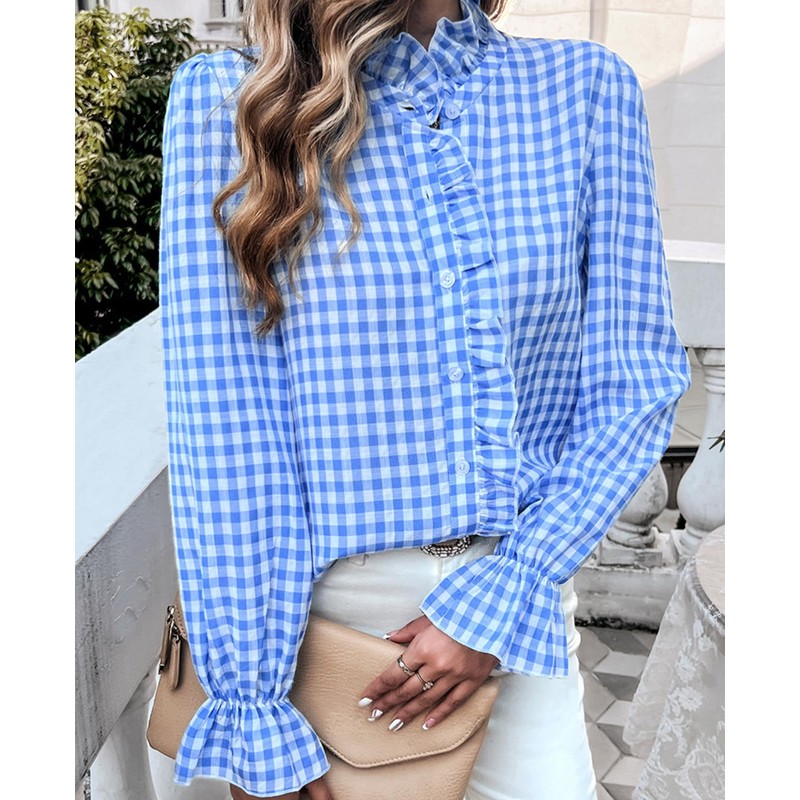 MINTLIMIT Womens Plaid Blouse Peasant Button Down Ruffle Neck Plaid
