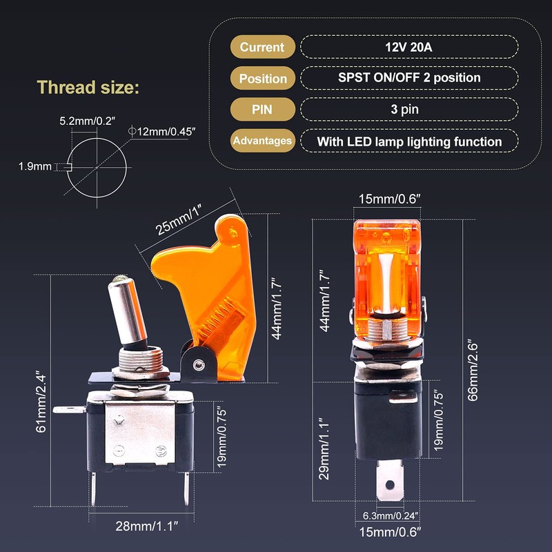 Twidec/3Pcs Rocker Lighted Toggle Switch 12V 20A Heavy Duty Racing