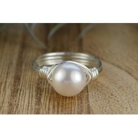8mm White Crystal Pearl Bead and Sterling Silver Wire Wrapped Ring- Custom made to size 4-14