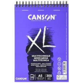 CANSON XL Textured Mixed Media 300gsm A5 Paper, Medium Grain, Spiral Pad Short Side, 15 White Sheets, Ideal for Professional Artists & Illustrators