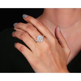 RARE GEMSTONE | Exquisite Opal Rings for Women - Stunning Promise Ring for Engagement & Gift – Natural Ethiopian Fire Opal Ring, Anniversary Present for Women .925 Sterling Solid Silver & Cubic Zircon (Silver, 9)