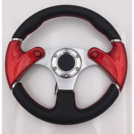 AJP Distributors Universal 6 Bolt Hole 320mm Black Pvc Leather Red Stitching Silver Center Red Steering Wheel Nos Nitrous Button + Blank Horn