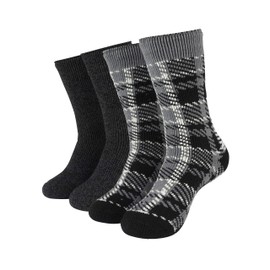 HOT FEET 2 Pack Warm Cozy Thermal Socks for Women - Thick Insulated Crew for Cold Winter Weather. Heather Black / Plaid Gray
