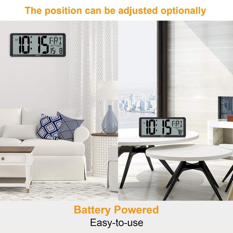 XREXS Large Digital Wall Clock, Battery Operated Alarm Clocks for