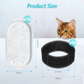 32Pcs Cat Water Fountain Filters, Cat Fountain Filters Set Incl 16Pcs Activated Carbon Filter and 16Pcs Foam-Filter, Pet Water Fountains Filter Replacement for 3.2L/2L Cats Drinking Fountains