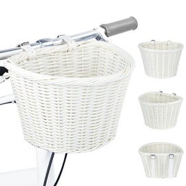 Wicker Bike Basket Front Cargo,Ebike Basket for Cargo，Front Handlebar Storage Basket Waterproof with Adjustable Leather Straps,for Dog/Grocery Shopping/Pet Carrier,Fits Most Bicycles (White)