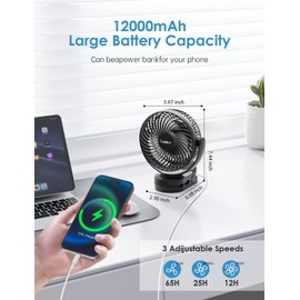 Camping Fan with Remote Control - 12000mAh Rechargeable Battery Powered Fan, Camping Fans for Tents with LED light & Hanging Hook, Rechargeable Battery Operated Ceiling Fans for Tent RV Bed, Black