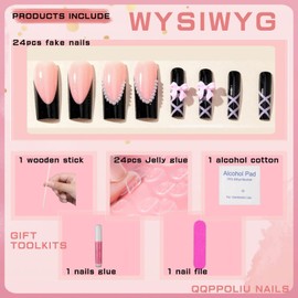 QQPPOLIU Press on Nails,Long Press on Nails Square,Long Nails,Long Fake Nails,Long Nails Press on，for Prom/Party/Holiday,Gift for Women (Black and Pink,with Bowl Design,French Tip)