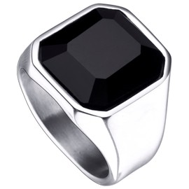 enhong Rings for Men, Black Onyx Stainless Steel with Agate Signet Rings, Silver Pinky Square Gemstone Ring for Him (Size 8, no/Stamp)