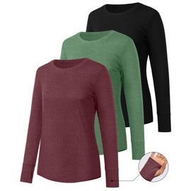 Huukeay 3 Pack Women's Long Sleeve Shirts with Thumb Holes, Cotton Casual Crew Neck Tunic Tops Fall Loose Y2k Trendy Outfits(Black, Wine, Light Green,L)
