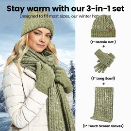 Winter Knit Warm lining Hat Beanie+Long Scarf+Touch Screen Gloves Stretchy Set for Women Men Holiday Gift Outfit (Blue)