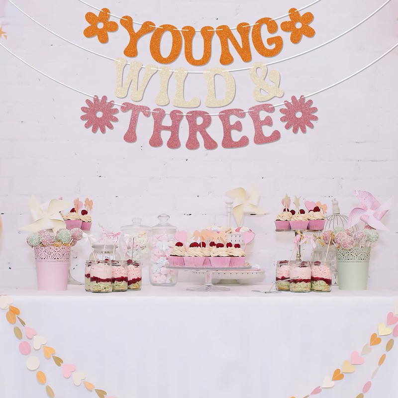Young Wild & Three Banner - Three Groovy Birthday Decor,