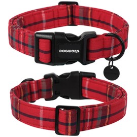DOGWONG Christmas Cotton Dog Collar, Heavy-Duty Red Plaid Dog Collar Durable Soft Fabric Pet Dog Collar Cute Christmas Red Grid Puppy Necklace for Small Medium Large Dog