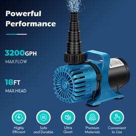 TONGCHANT 150W 3200 GPH Submersible Water Pump for Fountains, Koi Ponds, Garden&Patio, Pond Waterfall Pump with 20FT Power Cord, 180° Adjustable Outlet & Barrier Bag, Ultra-Quiet, UL Listed