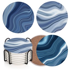Britimes Coaster for Drinks Set of 6, Vintage Retro Colorful Blue Marble Absorbent Round Ceramic Stone Mat, with Cork Base and Metal Holder, Gift for Housewarming Room Bar Decor