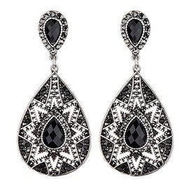 Clip On Earrings - Antique Silver Plated With Black Crystals - Bisa