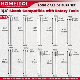 10Pcs Long Carbide Burr Set 1/4" Shank Die Grinder Bits, HOMEIDOL 4"(100mm) Long Rotary Files Tungsten Carbide Rotary Burr Set, Carbide Drill Bits for Metal Stone Wood Carving Engraving Deburring