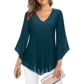 Viracy - Blusa elegante para mujer, cuello en V, doble capa, malla elástica, casual, holgada, para trabajo, con volantes, manga 3/4 acampanada, túnica, Cian sólido, XX-Large