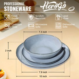 Herogo 18Pcs Plates and Bowls Set for 6, Irregular Handmade Stoneware Dinnerware, Crack and Scratch Resistant, Microwave & Dishwasher Safe, Reactive Glaze, Artistic Rustic Tableware, Smoky Blue