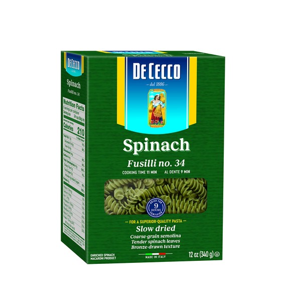 De Cecco Pasta, Spinach Fusilli No.34, 12 OZ (Pack of 12) - Made in Italy, High in Protein & Iron, Bronze die (VKP0034)