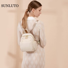 SUNLUTO Women's Backpack, Cute, Stylish, Simple, Mini Bag, Small, 8 Pockets, Large Capacity, Backpack, Adult, Individuality, Waterproof, Lightweight, Security Work, Travel, Oxford + PU Fabric, beige