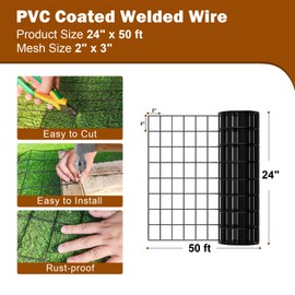 HMOLIKH Black PVC Coated Welded Wire Fencing 16 Gauge, 2" x 3" Mesh, 24" x 50 ft Fencing for Garden, Yard, Little Animal Protection, Baby Care, and Pet Enclosures DIY Projects