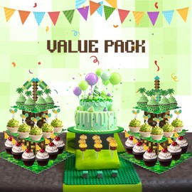 2 Pack Cupcake Stands for Pixel Game Birthday Party Decorations Game Party Favors Supplies, Cardboard Cupcake Holder with Toppers Table Centerpieces