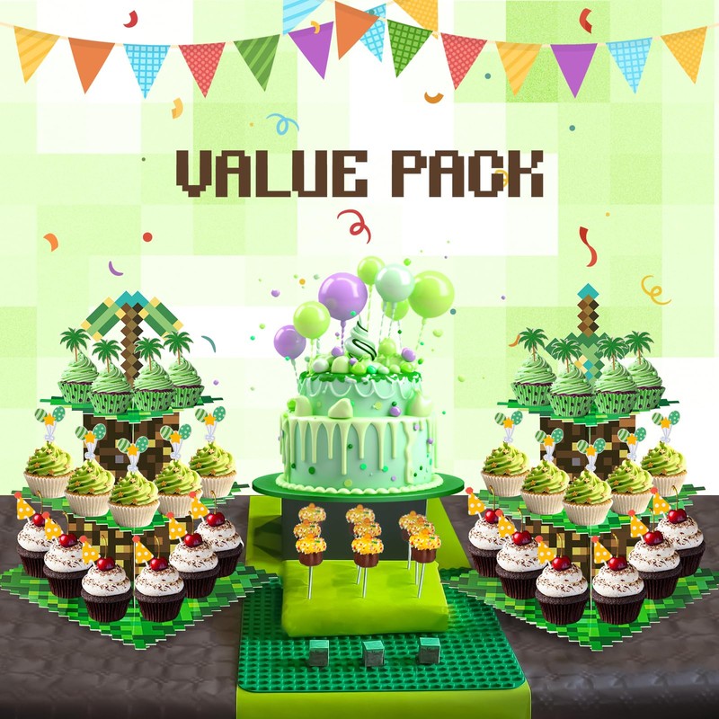 2 Pack Cupcake Stands for Pixel Game Birthday Party Decorations
