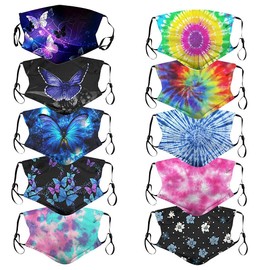 [US Stock] 10 Packs Tie Dye Cute Design Women Girls Face _Mask_Protect_Cover Washable Reusable With Nose Wire，Adjustable Earloops，Filters Pocket Insert Outdoors Sports Antidust (Multicolor-2)