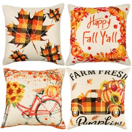 4PCS Fall Pillow Covers 18 x 18 inches - Thanksgiving Decorative Throw Couch Pillow Cases for Home Autumn Holiday Party - Feature Harvest Pumpkin Maple