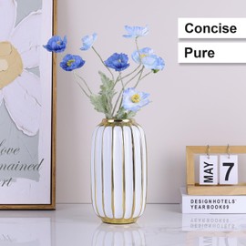 White and Gold Ceramic Vase, Neutral Minimalist Vase for Dining Room Table Centerpiece Dining Room,Single Flower Vase Pampas Grass Decorative, Porcelain Bottle Rustic Style (White and Gold)