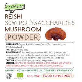 Organic Reishi Mushroom Extract Powder | 30% Polysaccharides | EU Grown | 2,000mg | Relaxation & Immunity Supplement | 100g | 50 Day Serving | Vegan & Non GMO (100 g (Pack of 1))