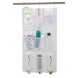ALYER 9 Pockets Big Mesh Shower Caddy Hanging Bathroom Storage Organizer with 3 Rings (White)