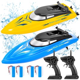 Geefia 2Pcs RC Boat with 4 Rechargeable Battery,Remote Control Boats for Kids and Adults-10km/H 2.4G High Speed Remote Control Boat,Fast RC Boats for Pools and Lakes,Blue+Yellow