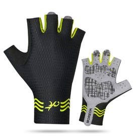 MOREOK Guantes de ciclismo para hombre, guantes de ciclismo de medio dedo, guantes de bicicleta MTB DH, almohadilla de gel, absorción de golpes, antideslizantes, transpirables, guantes de bicicleta de montaña AK55-AMARILLOW-S