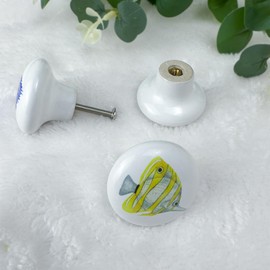 Lasyman Set of 6 Ceramic Kids Nursery Cute Fish Cabinet Door Coastal Beachy Dresser Drawer Knobs and Pulls Handles 1.5 X 1.5 Inches