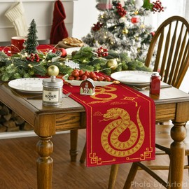 Artoid Mode Chinese Zodiac Snake 2025 Happy Lunar New Year Table Runner, Spring Festival Winter Kitchen Dining Table Decoration for Home Party 13x72 Inch