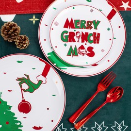 WELLIFE 60pcs Grinch Christmas Plates-60 Plastic Christmas Dinner Plates and 60 Plastic Christmas Dessert Plates,Red and Green Plastic Plates with Christmas Tree Patterns for Christmas Party