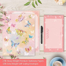 Anzon Mories Juego de papelería de 72 piezas (48 hojas de papel y 24 sobres) de 8.5 x 11 pulgadas, letras gruesas de acuarela rosa para niñas, papel e