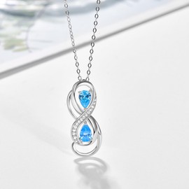 KINGWHYTE March Birthstone Necklace 925 Sterling Silver Infinity Necklace Aquamarine Necklace Blue Jewellery Birthstone Gifts for Women, Sterling Silver, Aquamarine