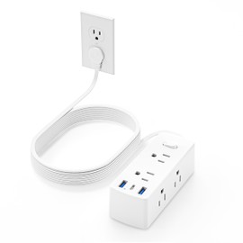 Flat Extension Cord 15ft, Olcorife Flat Plug Power Strip with 6 Outlets 3 USB Ports(1 USB C), 3-Side Outlet Extender Surge Protector for Home Office Dorm Room Essentials, White