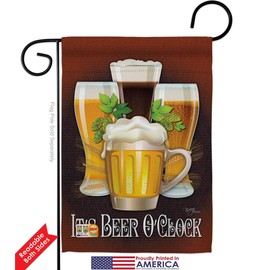 Breeze Decor Beer It's O'clock Garden Flag Set Wood Dowel Beverages Happy Hour Game Pong Party Ale Lager Craft Small Decorative Gift Yard House Banner Double-Sided Made in USA 13 X 18.5