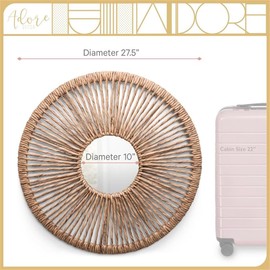 Adore Decor Carrie Round Rattan Style Hanging Mirror, Boho and Farmhouse Design, Versatile Living Room, Bedroom and Bathroom Decorative Wall Decor, Sustainable Water Hyacinth Fibers, Great Gift Idea