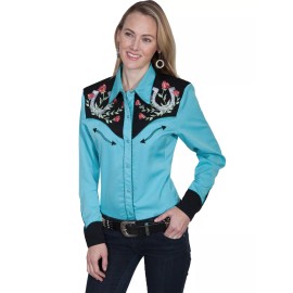 Scully Western Women's Turquoise Polyester L/S Horseshoe Western Shirt PL-637 - L, Turquoise