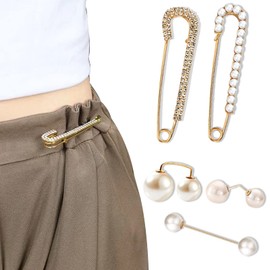 5 Pcs Sweater Rhinestone Shawl Pin Clip Faux Pearl Brooch Waist Pants Extender Safety Pins, White Gold Pearl