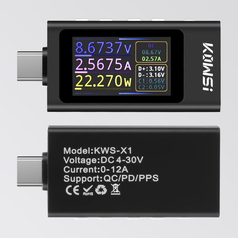 USB C Tester Meter Multimeter DC 4-30V 0-12A, USB Digital