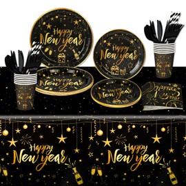 HOWAF 109pcs New Year Party Tableware Set for 12 Guests, 2025 New Year Eve Party Dinnerware Set, Happy New Year Tablecloth, Gold Glitter New Year Plates, Napkins, Cups, Knife, Fork and Spoon