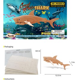 Puzzled 3D Puzzle Great White Shark Wood Craft Construction Model Kit, Educational DIY Wooden Sea Life Toy Assemble Model Unfinished Crafting Hobby Puzzle, Build and Paint for Decoration 23pcs Pack
